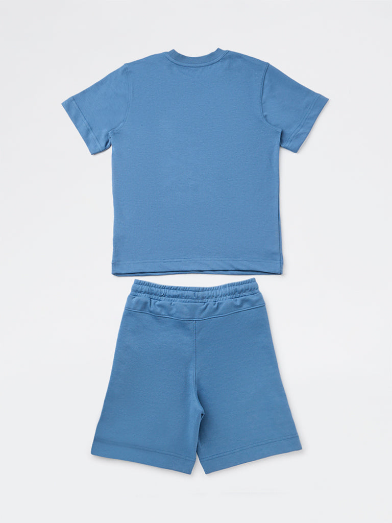 Y&F Kids Boys Blue Cotton-Blend T-Shirt and Shorts Set