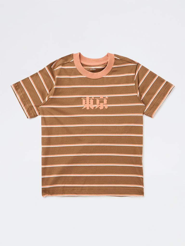 Y&F Kids Boys Brown Striped Cotton T-Shirt