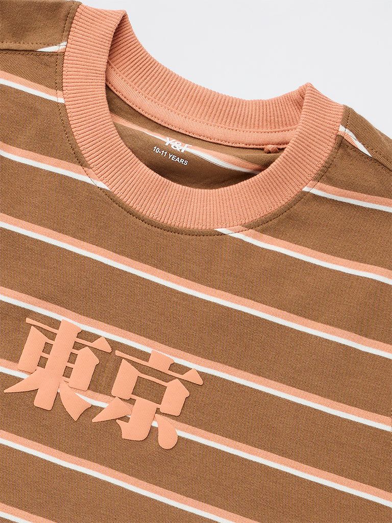 Y&F Kids Boys Brown Striped Cotton T-Shirt
