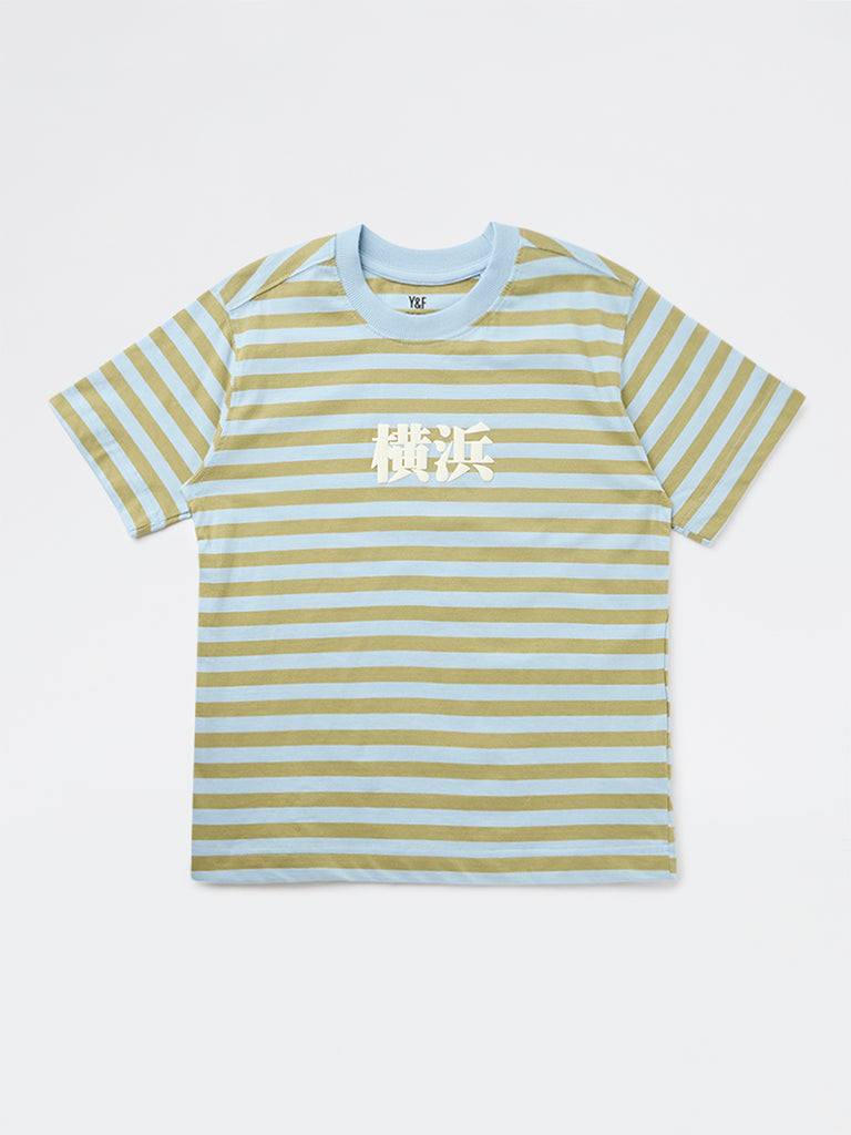Y&F Kids Boys Green Striped Cotton T-Shirt