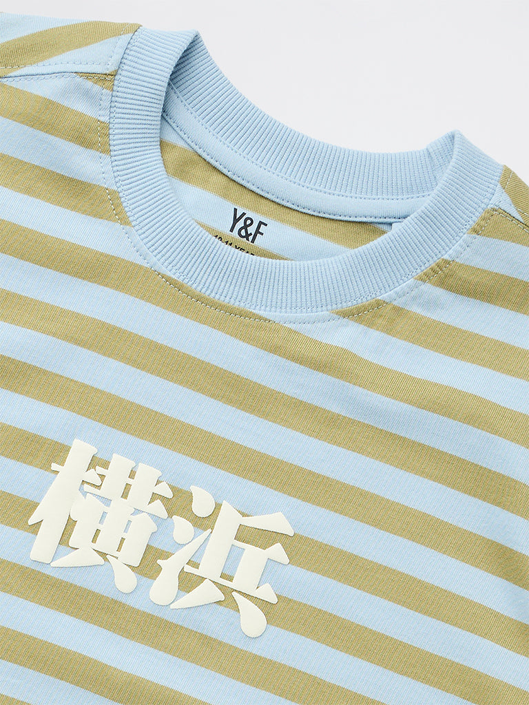 Y&F Kids Boys Green Striped Cotton T-Shirt