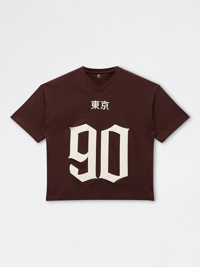 Y&F Kids Boys Brown Numerical Printed Cotton T-Shirt