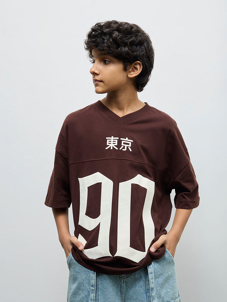 Y&F Kids Boys Brown Numerical Printed Cotton T-Shirt