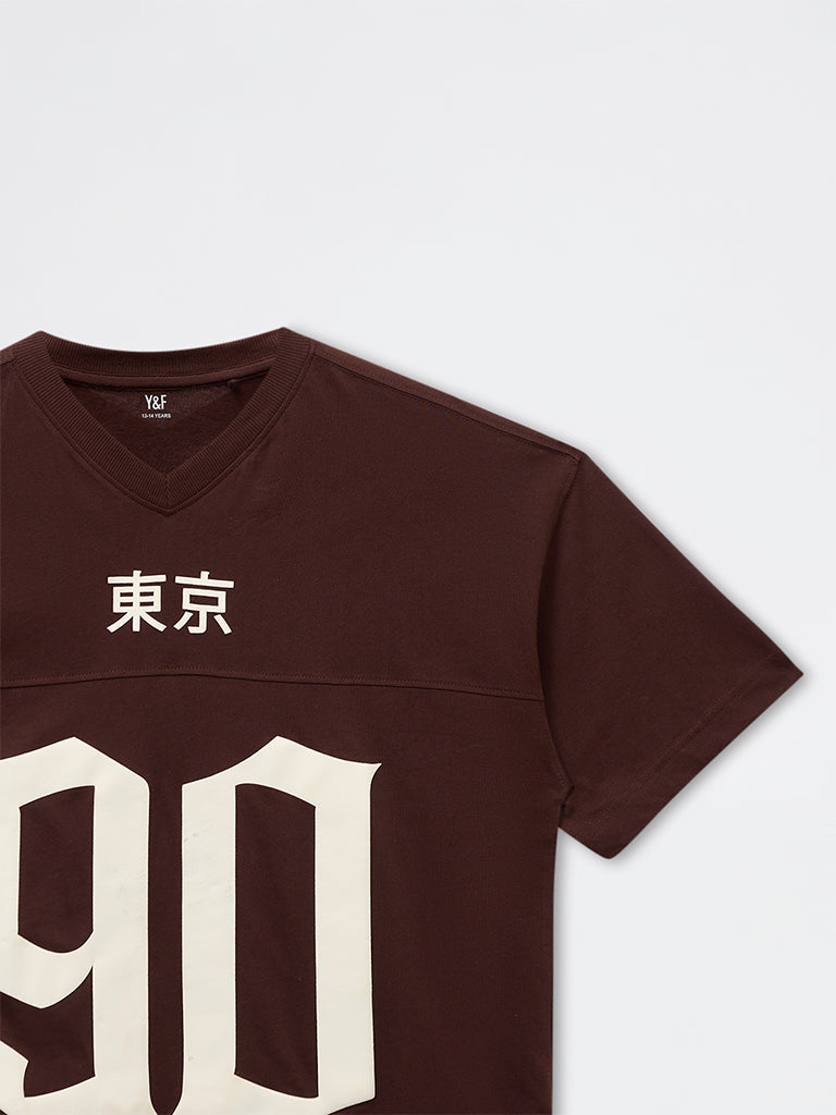 Y&F Kids Boys Brown Numerical Printed Cotton T-Shirt