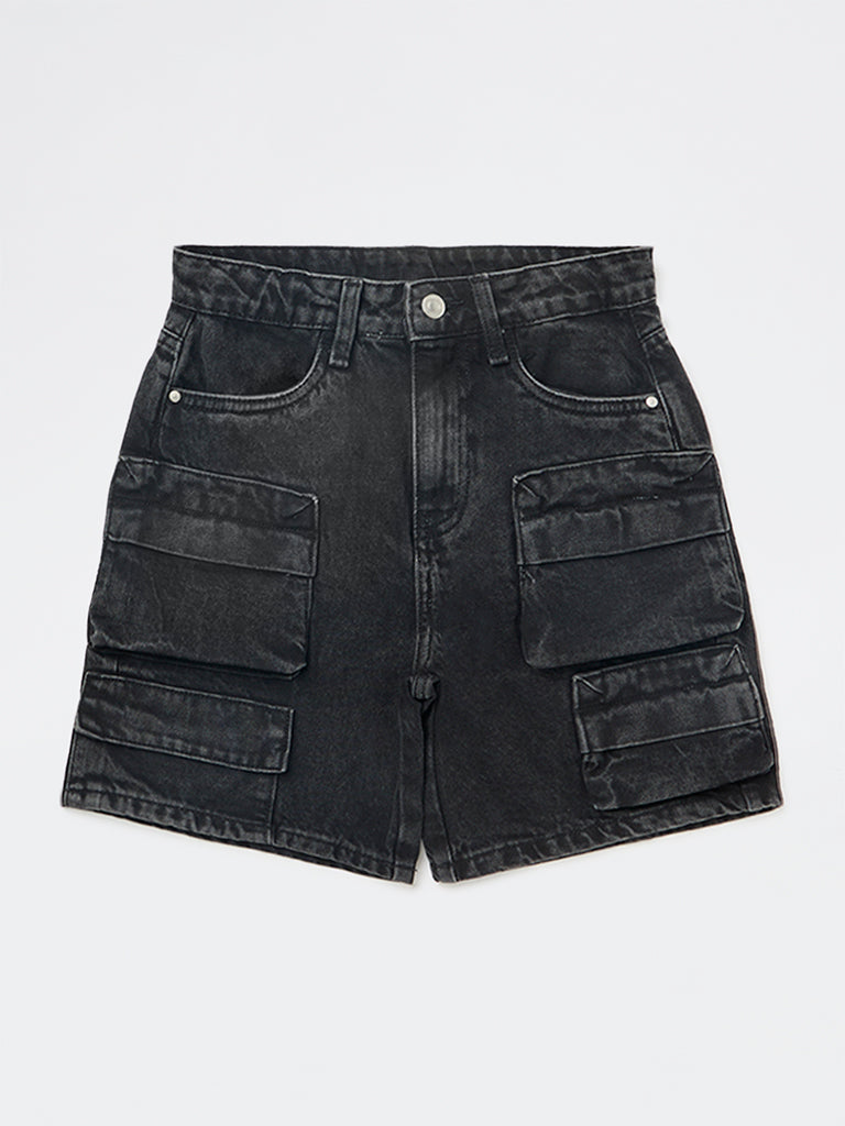 Y&F Kids Boys Black Mid-Rise Denim Cargo Shorts