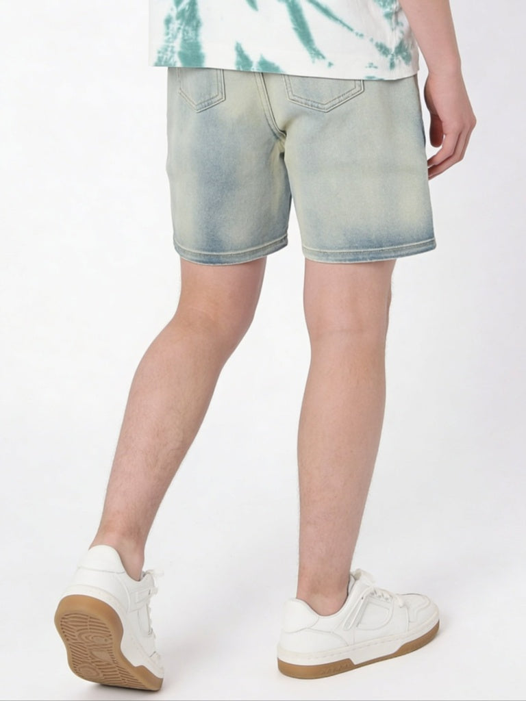 Y&F Kids Boys Blue Washed Mid-Rise Denim Cargo Shorts