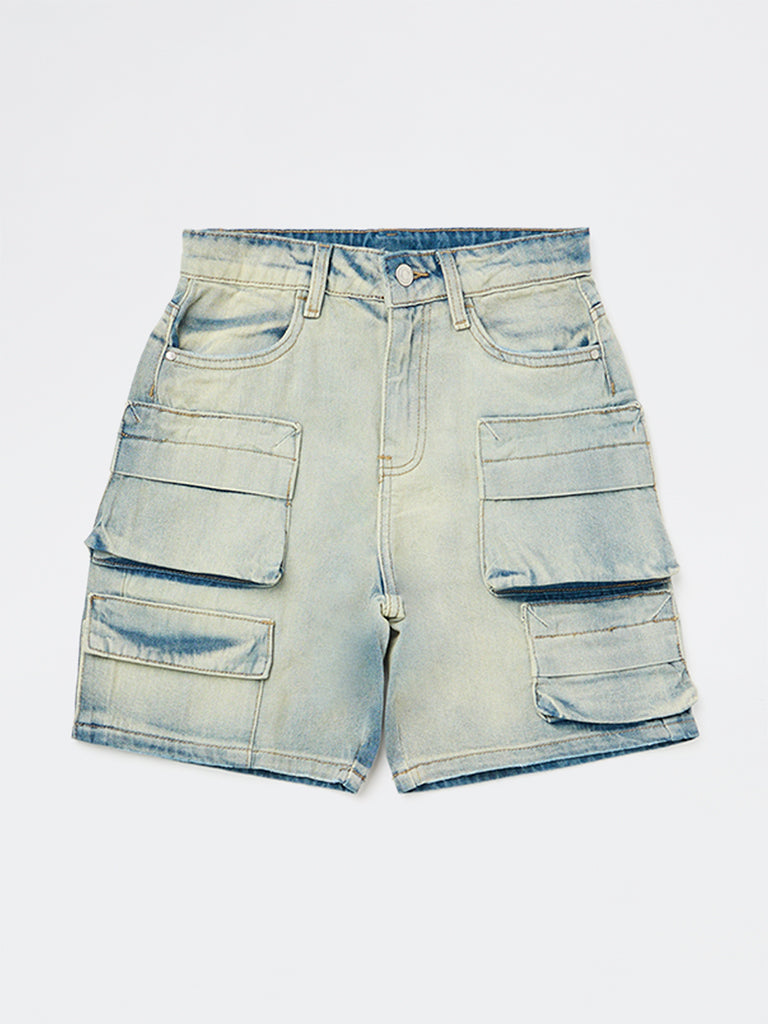 Y&F Kids Boys Blue Washed Mid-Rise Denim Cargo Shorts