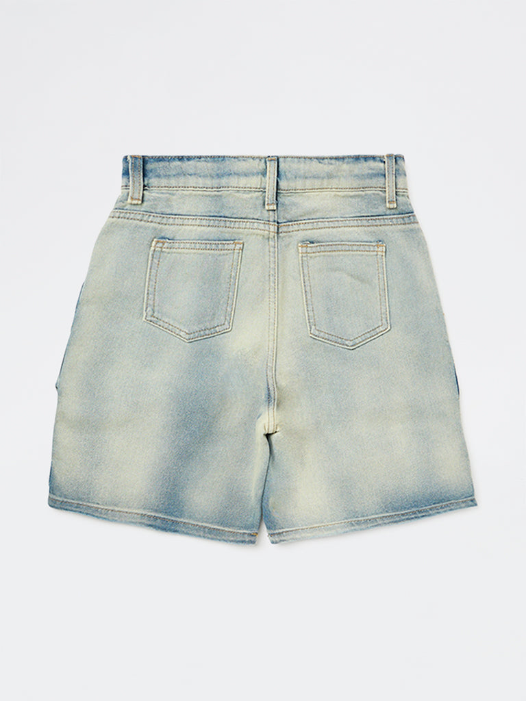 Y&F Kids Boys Blue Washed Mid-Rise Denim Cargo Shorts