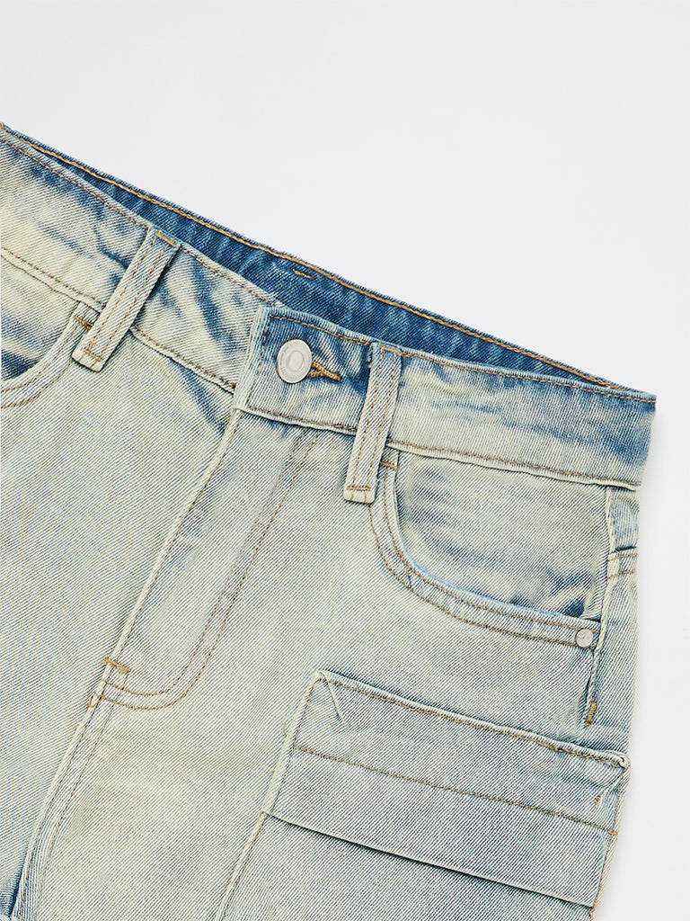 Y&F Kids Boys Blue Washed Mid-Rise Denim Cargo Shorts
