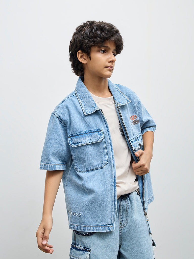 Y&F Kids Boys Blue Numerical Design Denim Jacket