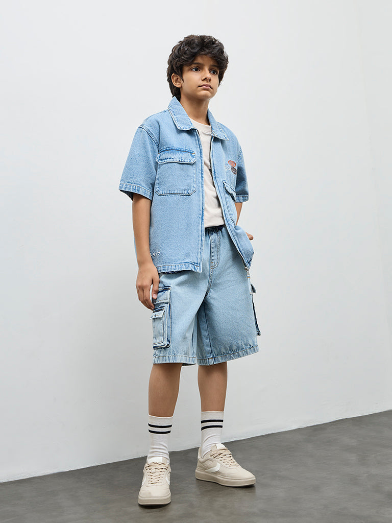 Y&F Kids Boys Blue Numerical Design Denim Jacket