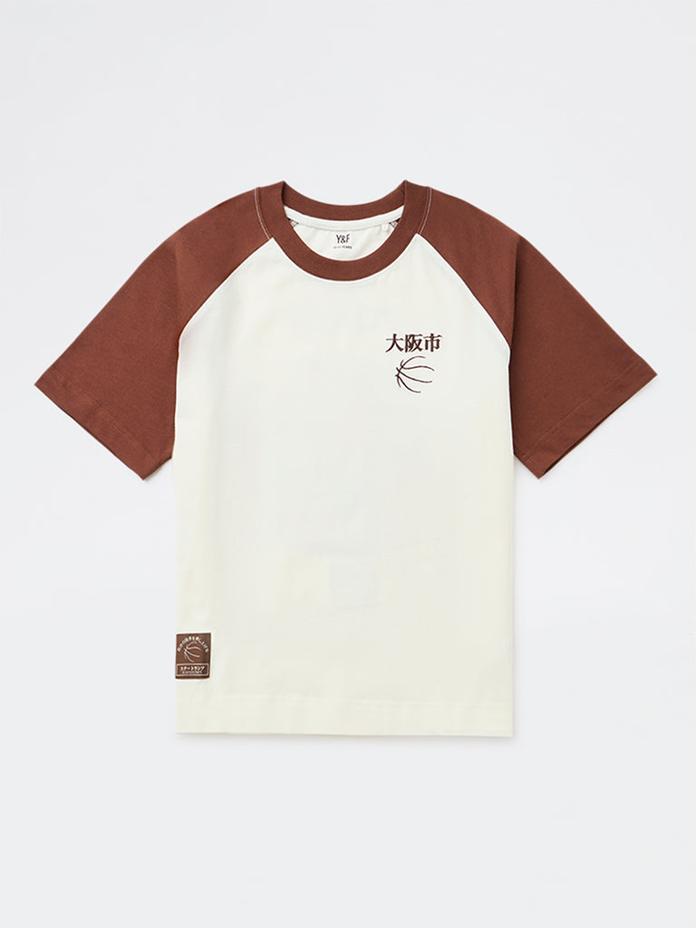 Y&F Kids Boys Off-White Colour-Blocked Cotton T-Shirt