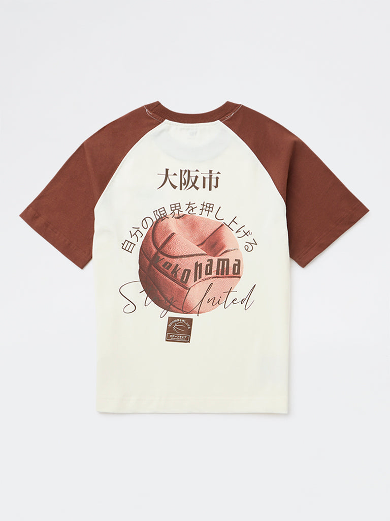 Y&F Kids Boys Off-White Colour-Blocked Cotton T-Shirt