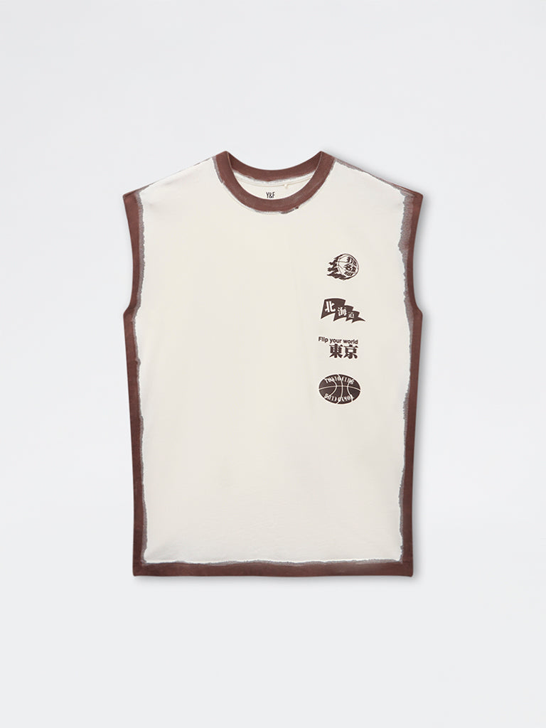 Y&F Kids Boys Off-White Printed Cotton T-Shirt
