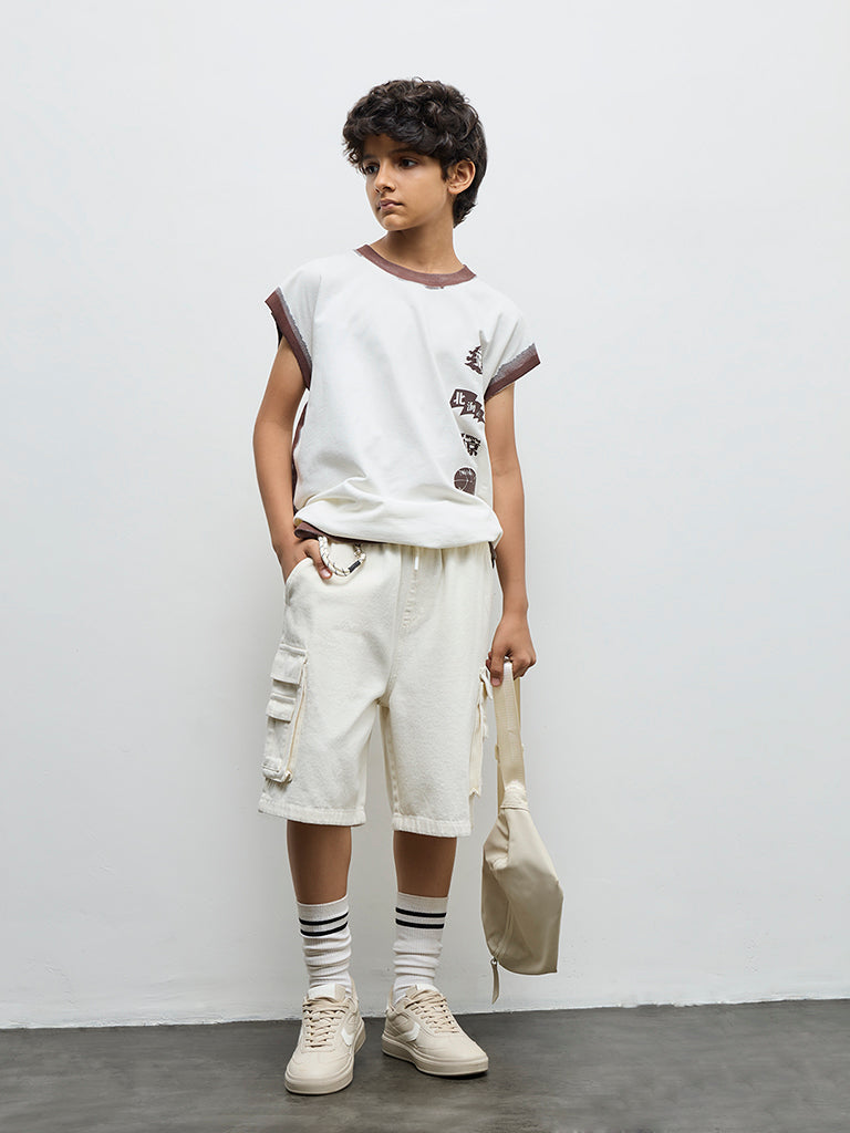 Y&F Kids Boys Off-White Printed Cotton T-Shirt