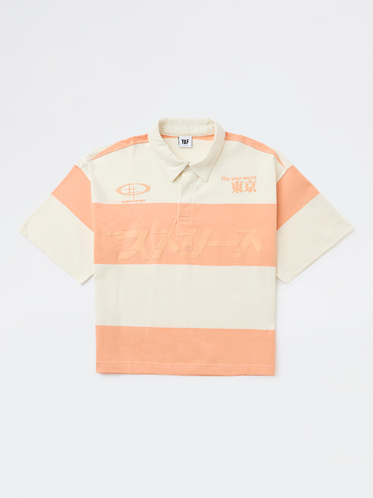 Y&F Kids Boys Orange Colour-Blocked Cotton Polo T-Shirt