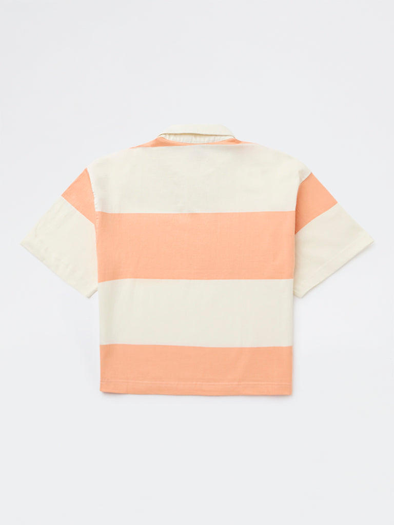 Y&F Kids Boys Orange Colour-Blocked Cotton Polo T-Shirt