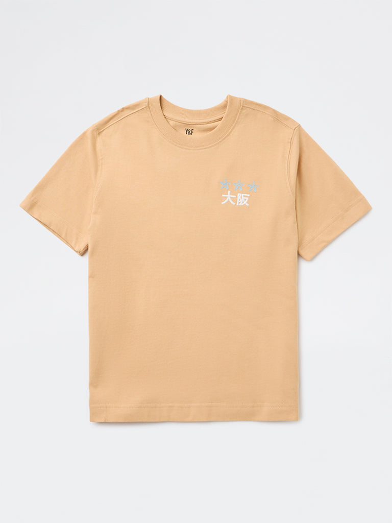 Y&F Kids Boys Brown Graphic Printed Cotton T-Shirt