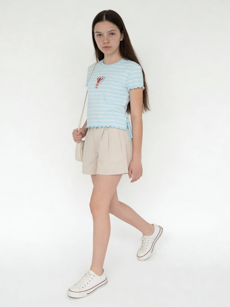 Y&F Kids Girls Blue Striped Cotton-Blend T-Shirt