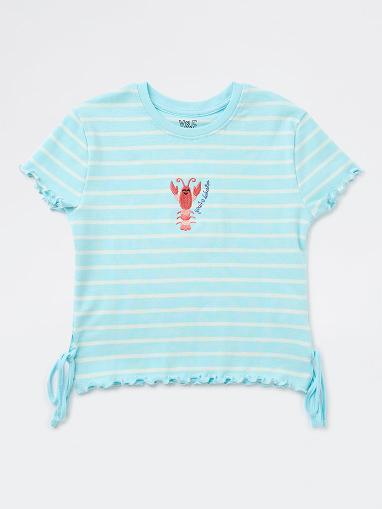 Y&F Kids Girls Blue Striped Cotton-Blend T-Shirt