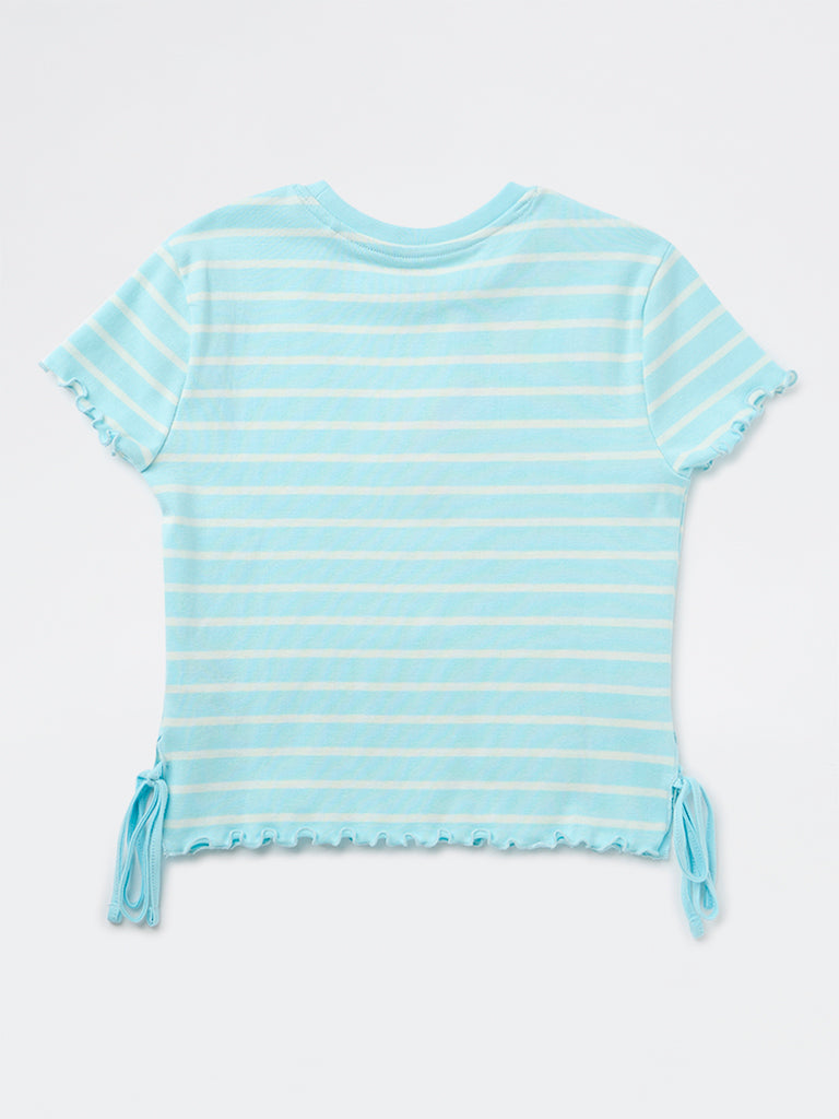 Y&F Kids Girls Blue Striped Cotton-Blend T-Shirt