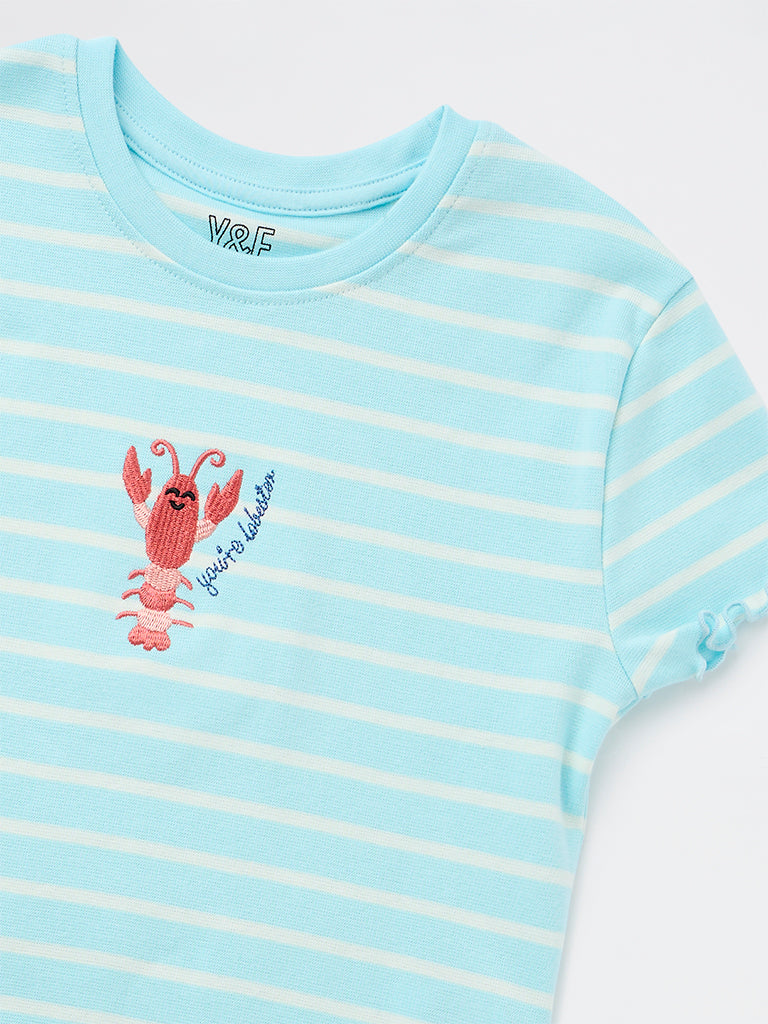 Y&F Kids Girls Blue Striped Cotton-Blend T-Shirt
