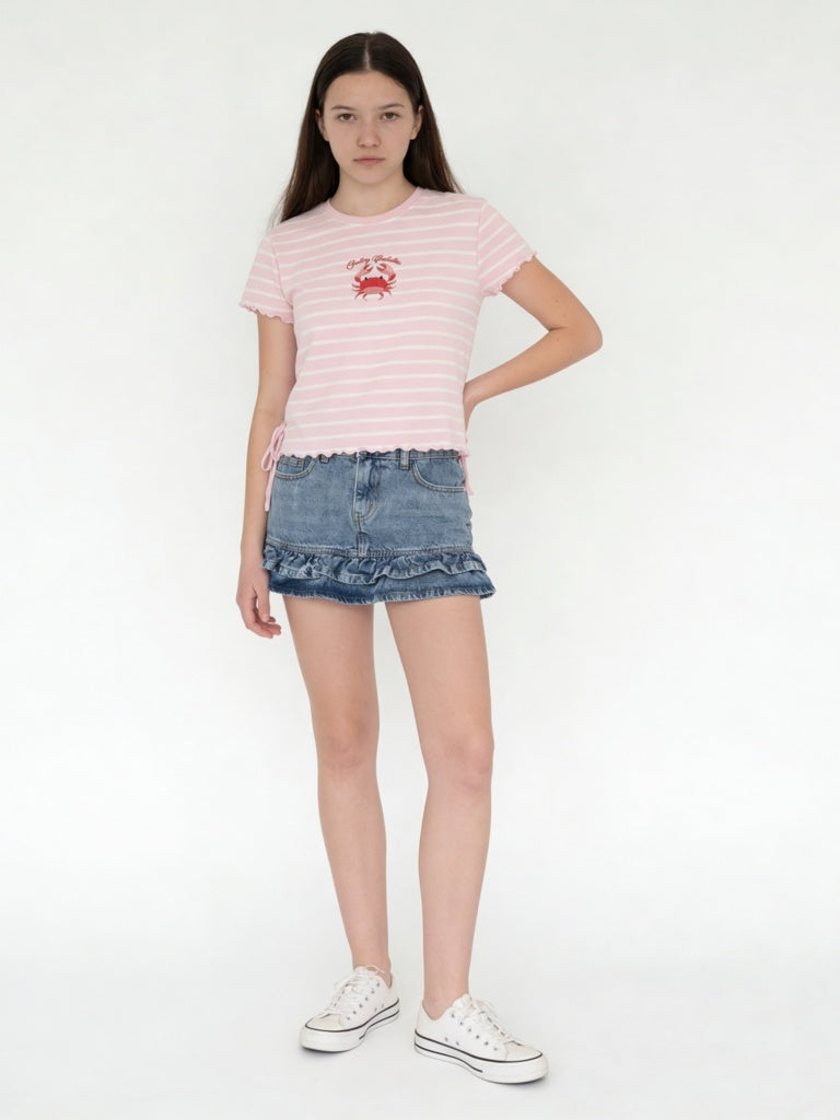 Y&F Kids Girls Pink Striped Cotton-Blend T-Shirt