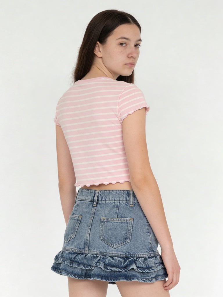 Y&F Kids Girls Pink Striped Cotton-Blend T-Shirt