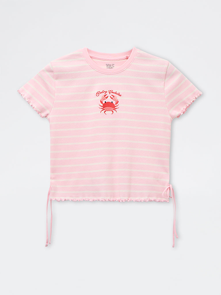 Y&F Kids Girls Pink Striped Cotton-Blend T-Shirt