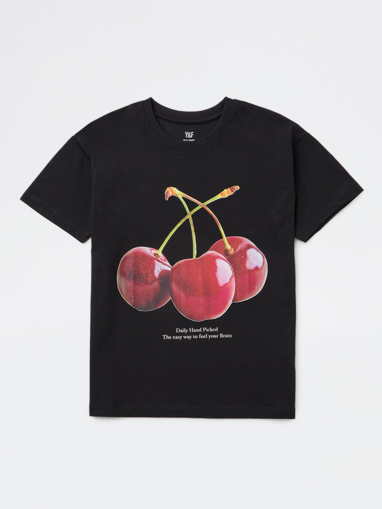 Y&F Kids Girls Black Graphic Printed Cotton T-Shirt