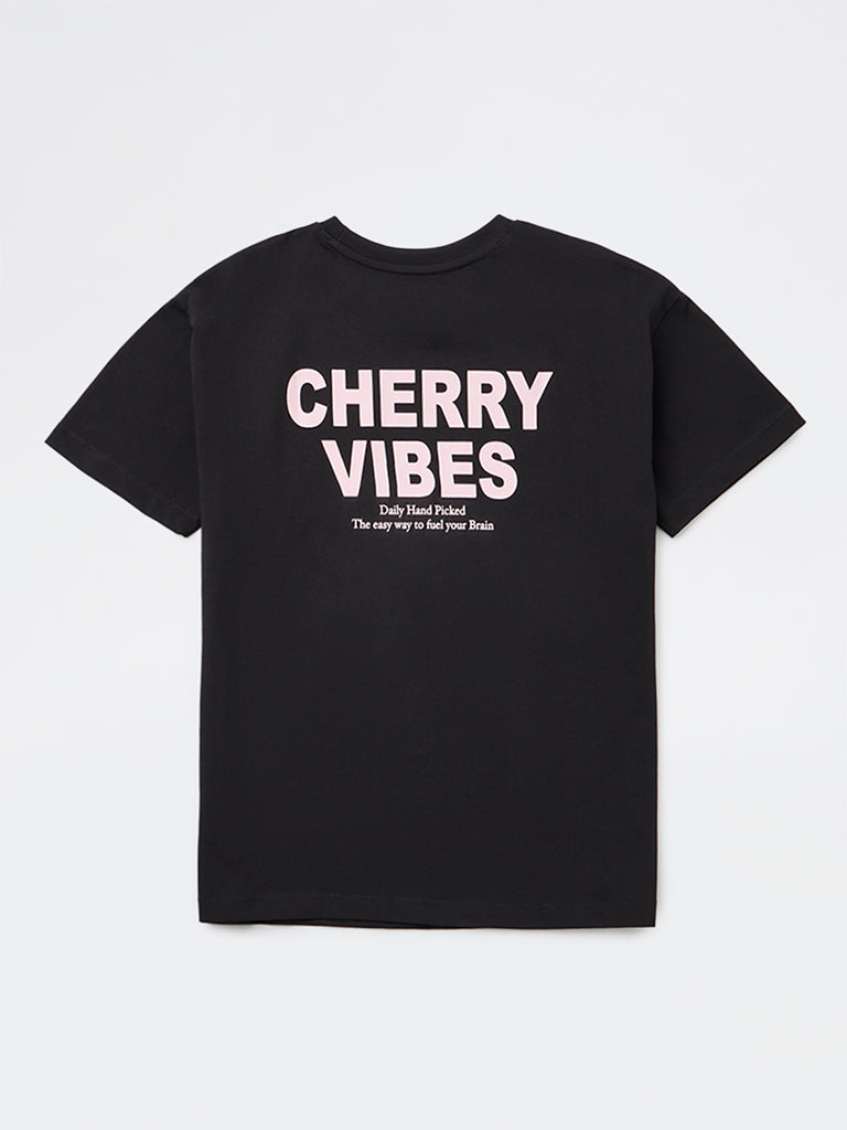 Y&F Kids Girls Black Graphic Printed Cotton T-Shirt