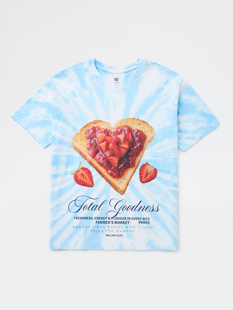 Y&F Kids Girls Blue Tie-Dye Pattern Cotton T-Shirt