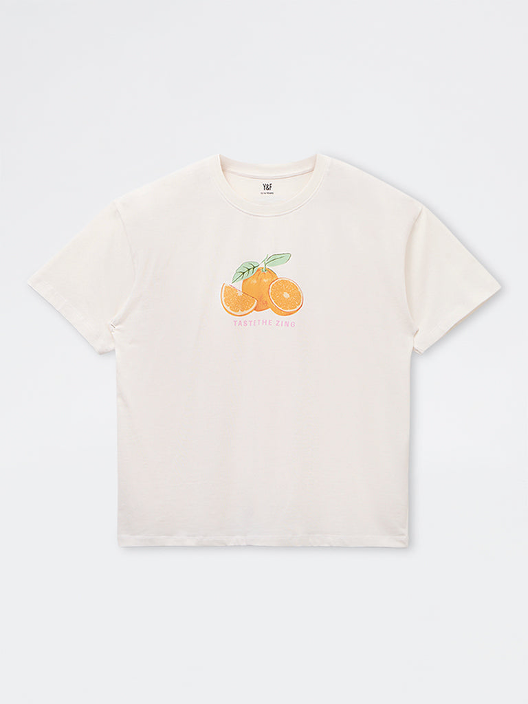 Y&F Kids Girls White Fruit Printed Cotton T-Shirt