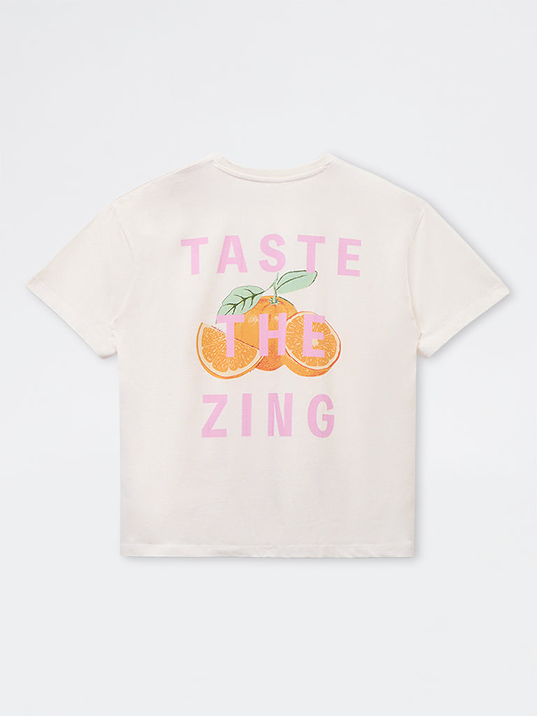 Y&F Kids Girls White Fruit Printed Cotton T-Shirt