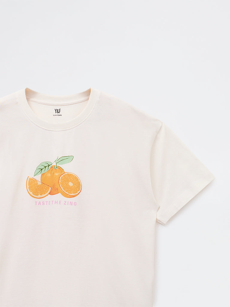 Y&F Kids Girls White Fruit Printed Cotton T-Shirt