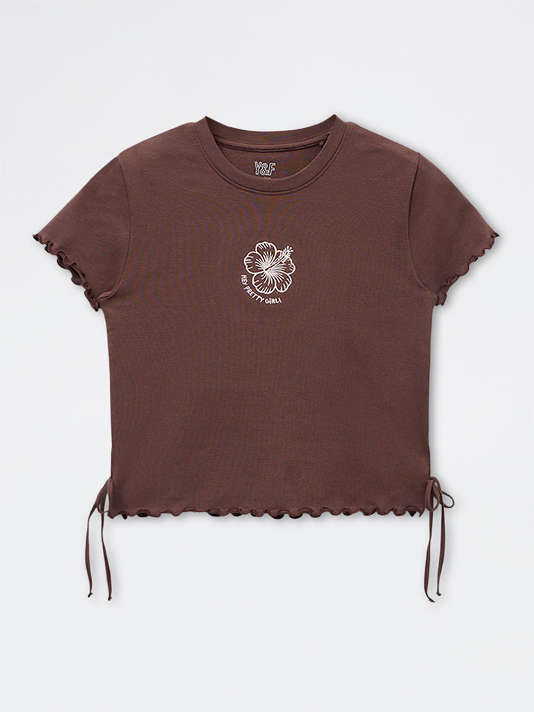 Y&F Kids Girls Brown Embroidered Cotton-Blend T-Shirt