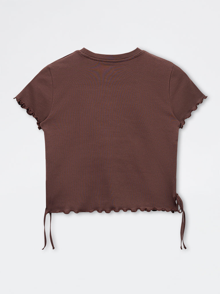 Y&F Kids Girls Brown Embroidered Cotton-Blend T-Shirt