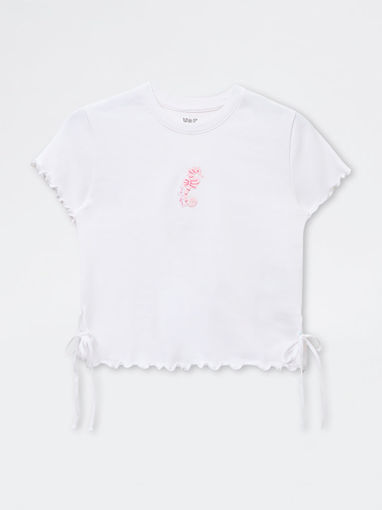 Y&F Kids Girls White Embroidered Cotton-Blend T-Shirt