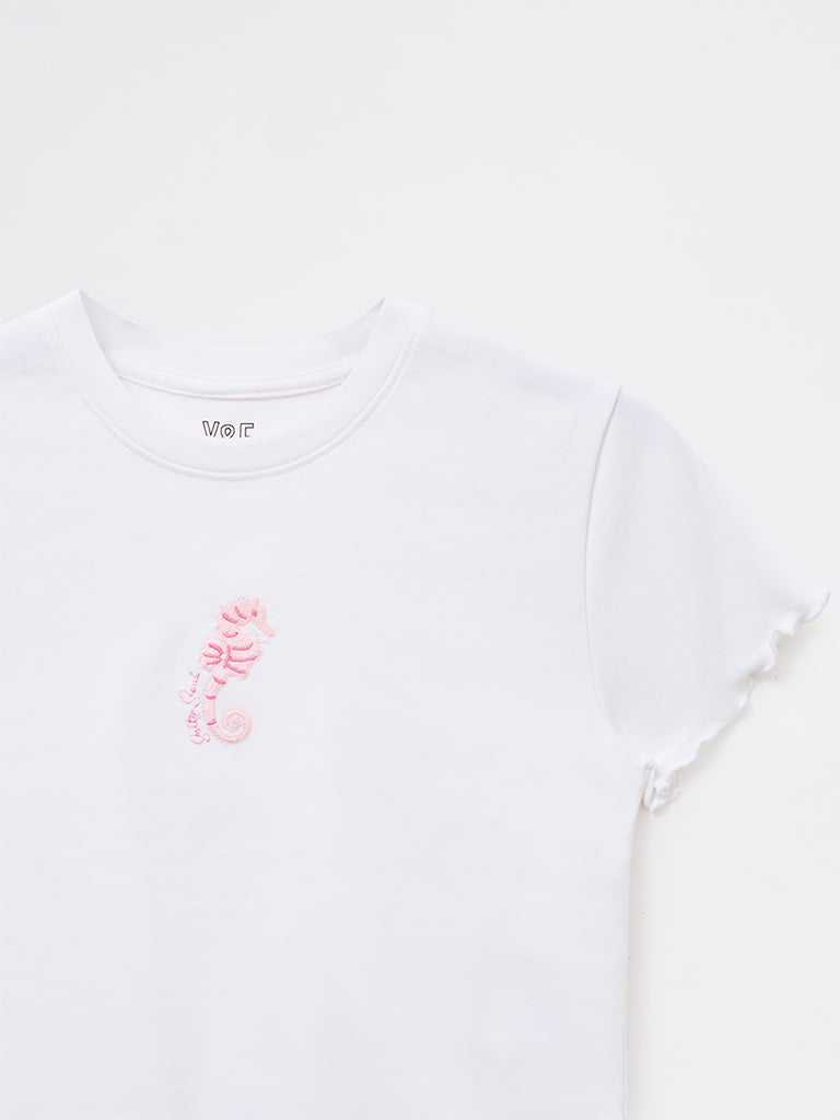 Y&F Kids Girls White Embroidered Cotton-Blend T-Shirt