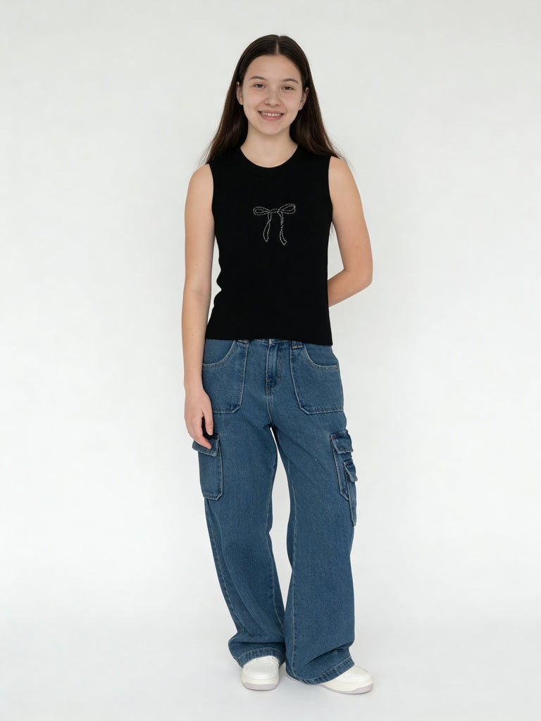 Girls Light Blue Multi Pocket Cargo Fit Jeans