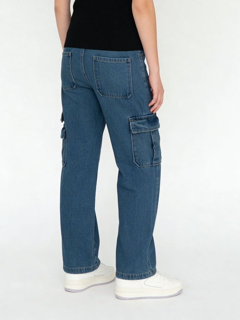 Girls Light Blue Multi Pocket Cargo Fit Jeans