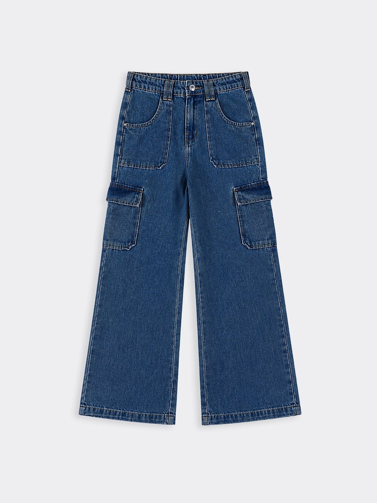 Girls Light Blue Multi Pocket Cargo Fit Jeans