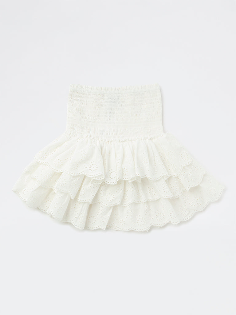 Y&F Kids Girls Off-White Embroidered High-Rise Cotton Skirt