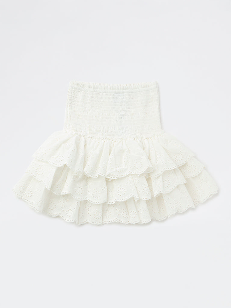Y&F Kids Girls Off-White Embroidered High-Rise Cotton Skirt