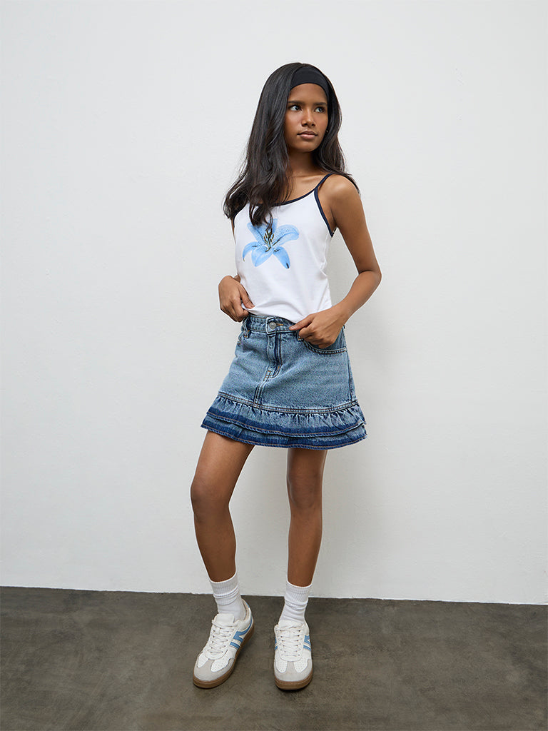 Y&F Kids Girls Blue Faded High-Rise Denim Skirt