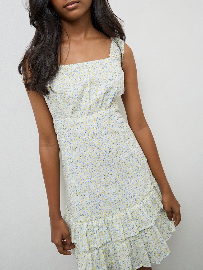 Y&F Kids Girls Yellow Floral Cotton Printed Tiered Dress