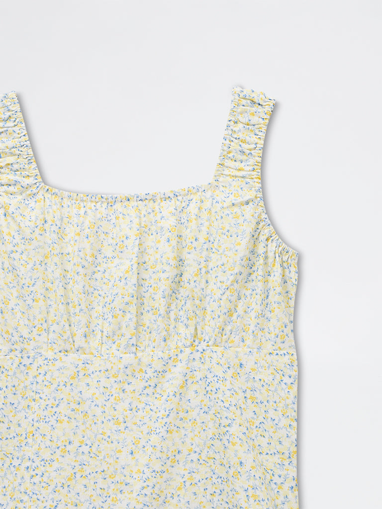 Y&F Kids Girls Yellow Floral Cotton Printed Tiered Dress