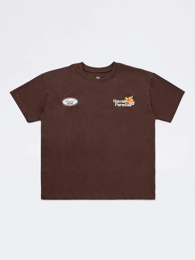 Y&F Kids Girls Brown Graphic-Printed Cotton T-Shirt