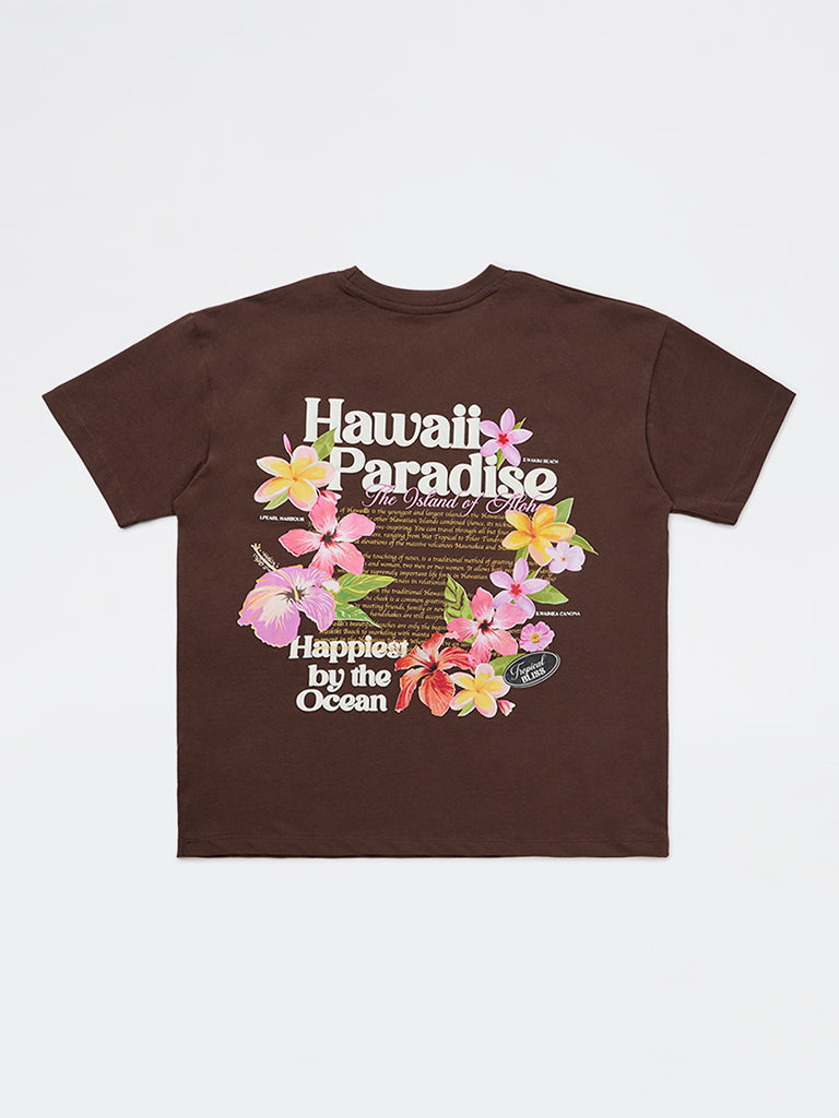 Y&F Kids Girls Brown Graphic-Printed Cotton T-Shirt