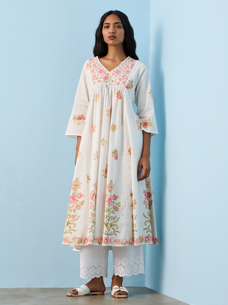 Utsa White Foliage Pattern Anarkali Cotton Kurta